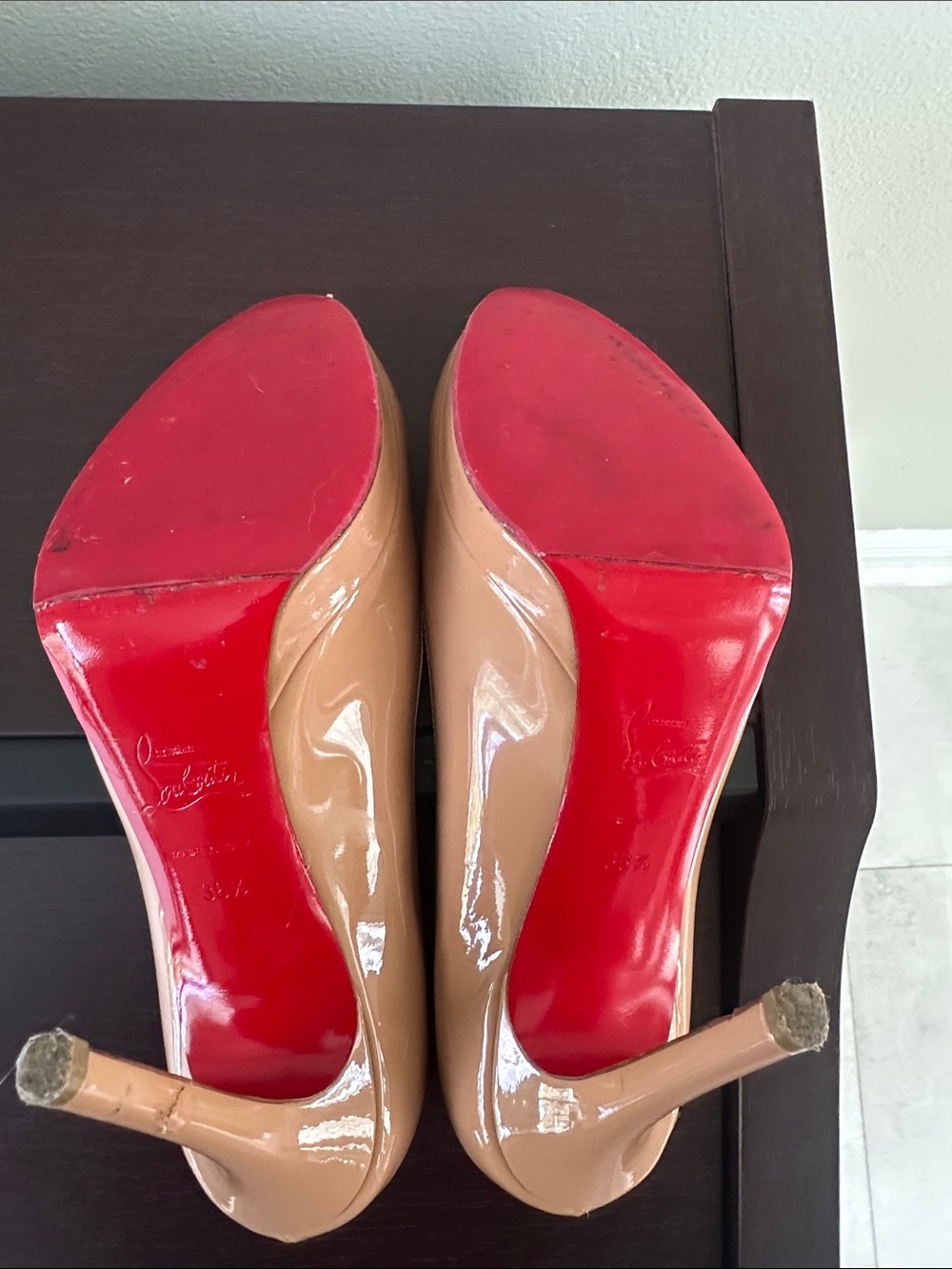 Christian Louboutin Nude Patent Platform Pumps with Red Soles - Picture 8 of 13